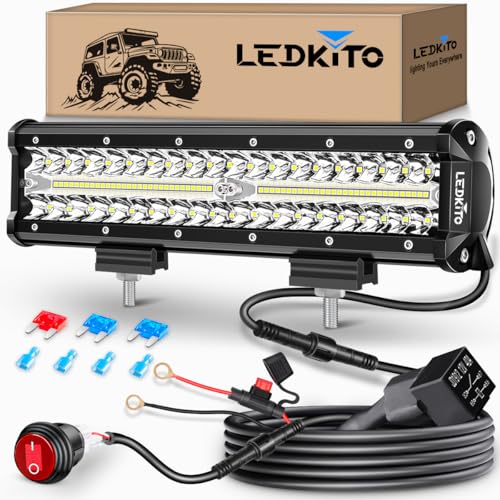 LEDKITO 12 Inch LED Light Bar Kit with Wiring Harness Triple Row Spot Flood Combo LED Off Road Driving Lights Bar Work Lig...
