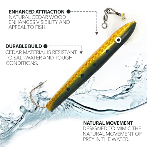 Cedar Plug Tuna Feather Trolling Lure Combo, 6 Pcs Set with Bullet Jet, Flat Jet, Tuna Clone & 6-Pocket Lure Bag for Saltw...