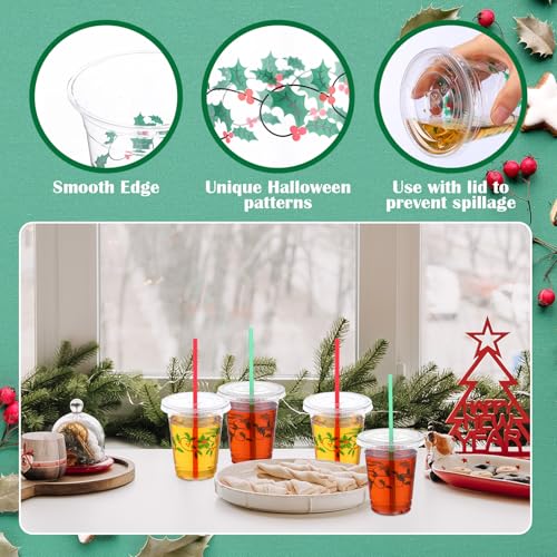 Blushtier 100 Pcs Christmas Plastic Cups Disposable with Lids and Straws 12 oz Christmas Holly Party Cups Clear Drinking C...