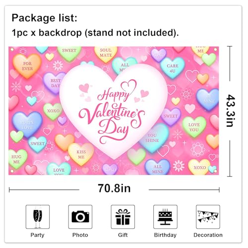 Mocsicka Valentines Day Backdrop Sweet Conversation Hearts Valentines Day Banner Party Decorations Photo Booth Props (Pin...