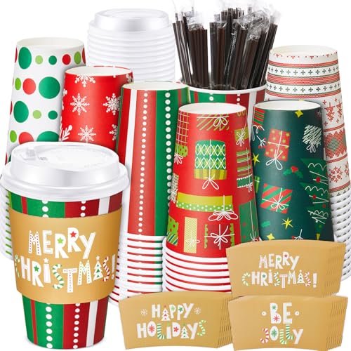 Sunnychicc 60 Sets Christmas Disposable Coffee Cups with Lids and Sleeves Stirrers, Xmas Party Hot Chocolate Cocoa Paper C...
