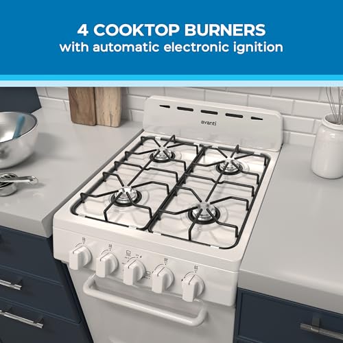 Avanti Gas Range Oven, Compact Freestanding Design, 4 Burners with Electronic Ignition, 2.1 Cu.Ft. Capacity Features Solid...