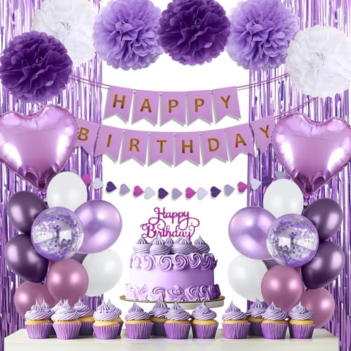 Purple Birthday Decorations for Women, Happy Birthday Party Decorations, Happy Birthday Banner, Purple Balloons, Foil Frin...