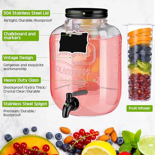 Lallisa 3 Pcs 2 Gallon Glass Drink Dispenser with Stand and Lid Mason Jar Beverage Dispenser with Stainless Steel Spigot, ...