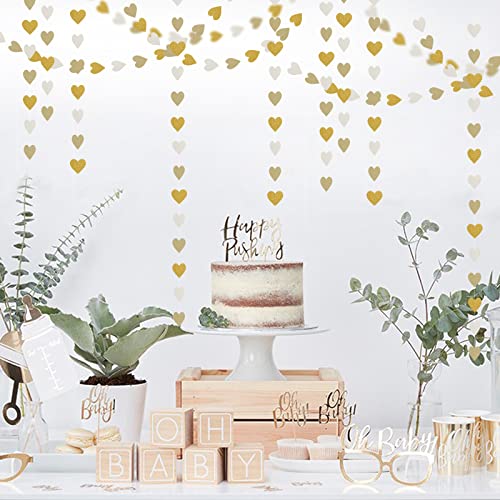 White-Gold Champagne Party-Decorations Heart Streamers Garland - 52Ft Christmas Wedding Engagement Hanging Paper Banner,Ba...