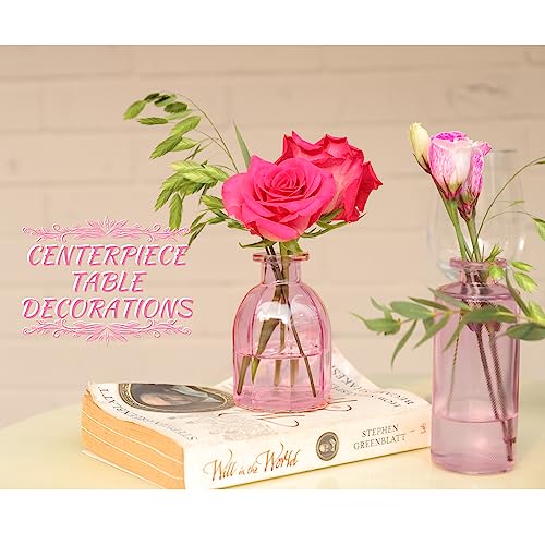 Pink Vase, Bud Vases Set of 12, Small Pink Glass Vases for Flowers Modern Ribbed Glass Bud Vase for Decor Wedding Flower V...