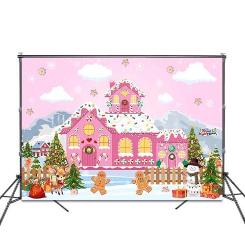 Fitumiw Pink Gingerbread House Backdrop 7x5ft Merry Christmas Photography Background Party Decorations Pink Candy House Ba...