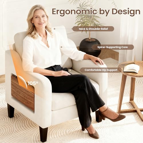 Accent Chair for Living Room Modern Linen Upholstered Armchair Side Wooden Fabric Sofa Chair with Foldable Table 2 Side Po...