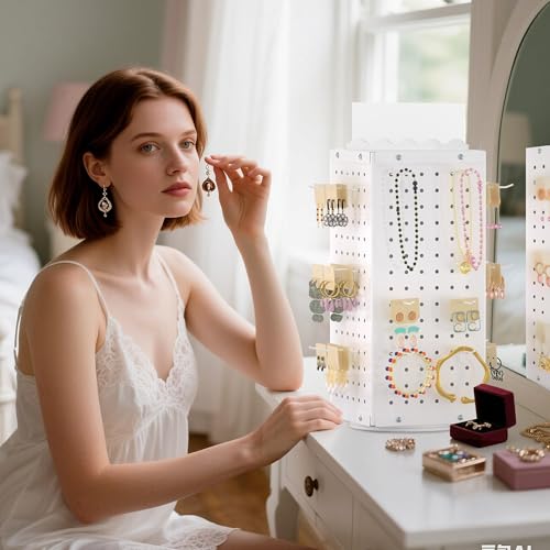 Urban Deco 360° Rotating Pegboard Display Stand with Signage, 4-Sided Spinning Peg Board Stand with 24 Hooks for Jewelry, ...