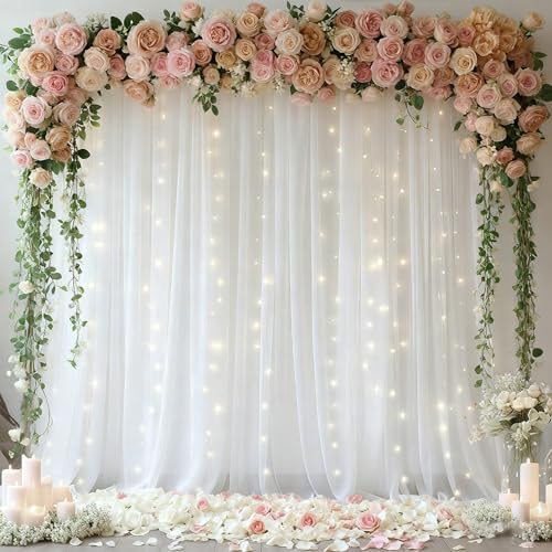10x10ft White Tulle Backdrop Curtain with Lights String for Parites, Sheer Photo Backdrop Drapes with Lights for Wedding C...