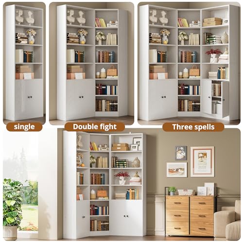 IRONCK Corner Bookshelf and Bookcase with 2 Storage Cabinets and 7 Tier Shelves, 71" Height Storage Shelves Corner Combination, White