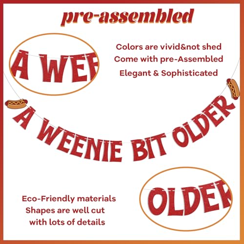 A Weenie Bit Older Banner - Hot Dog Birthday Decor, Retro BBQ Cookout Theme Birthday Party Decorations Red Glitter