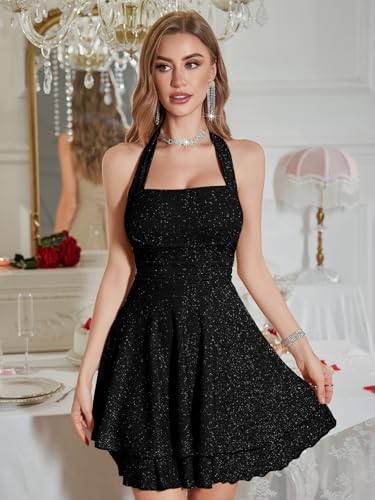 Sparkly Halter Dress for Women, Sleeveless Cocktail Party Square Neck Sparkling Dresses Backless Women's Evening Clubwear