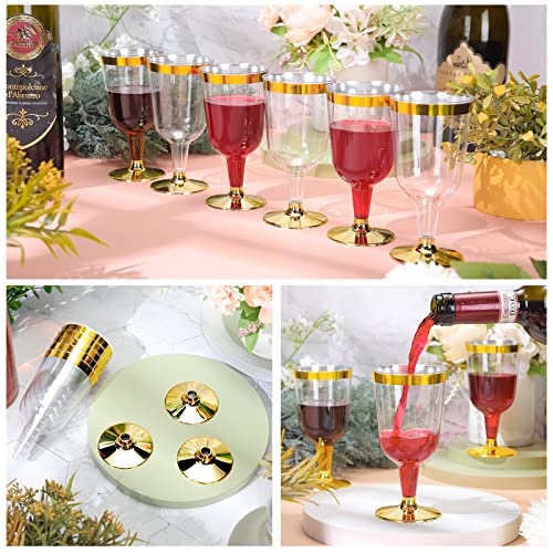 CHENGU 100 Pcs Plastic Wine Glasses 7 oz Gold Rimmed Mini Stemware with Removable Base for Wedding Parties Birthday Annive...