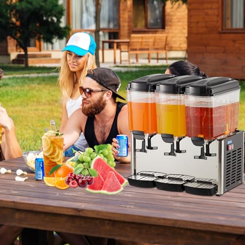 Commercial Beverage Dispenser, 3 Tanks 18 L/19QT Per Tank Juice Dispenser, 350w Stainless Steel Ice Tea Drink Machine with...