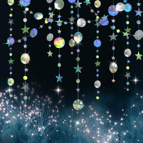 Cheerland Iridescent Party Decorations Holographic Star Garland Hanging Stars Moon Streamer Galaxy Birthday Decoration Ram...