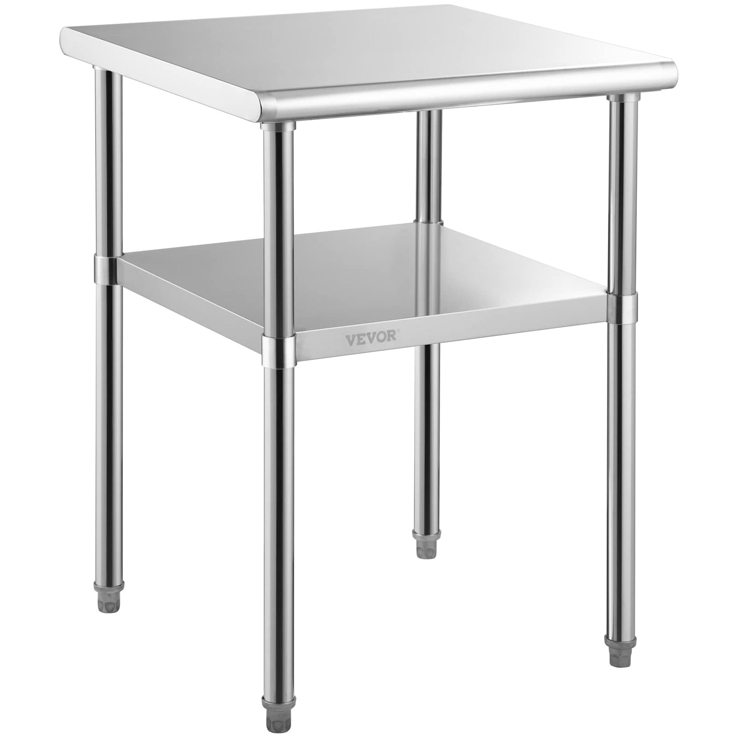 VEVOR Stainless Steel Prep Table, 24 x 24 x 33.5 Inch, 600lbs Load Capacity Heavy Duty Metal Worktable with Adjustable Undershelf & Universal Wheels, Commercial Workstation for Kitchen Garage Backyard