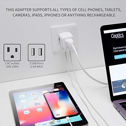 Ceptics Complete European Set Travel Adapter Plug By Ceptics With Dual Usb - Type G, E/F, C - London - Usa Input - Light Weight