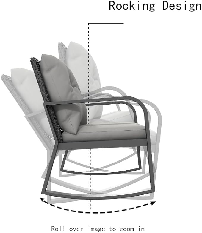 HLNPTN 3 Piece Rocking Bistro Patio Set, Outdoor Rocking Chair, Outdoor Bistro Sets Wicker Patio Furniture Rocking Chairs Sectional Couch with Tempered Glass Top Coffee Table & Cushions, Grey