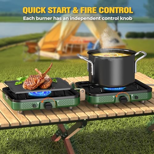 2 Burner Camping Stove, 20000 BTU Propane Camp Stove Portable Folding Gas Travel Stove Camping Essentials Gears Includes G...