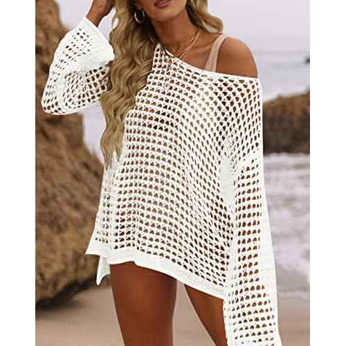 ZESICA Women's 2025 Summer Crochet Hollow Out Long Sleeve Beach Bikini Swimsuit Mesh Cover Up Tunic Top