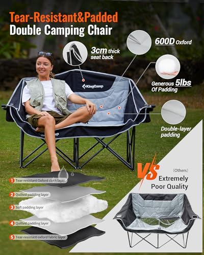 KingCamp Double Camping Chair Oversized Padded Chairs Folding Portable Loveseat Heavy Duty Comfy Camp Chair for Outdoor La...