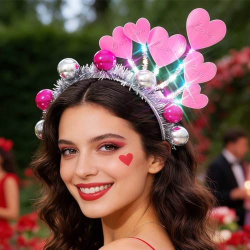 Yean Love Heart Valentine's Day Headband Ball Light Up Pink Party Costume Hair Accessories for Women