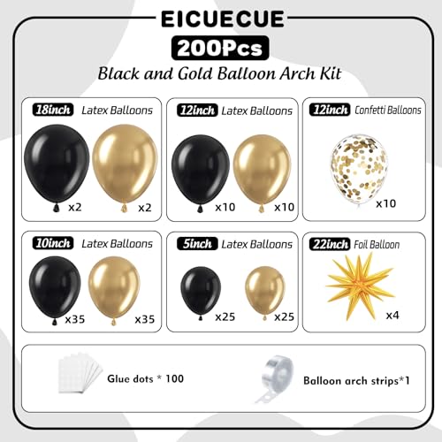 EICUECUE Black and Gold Balloons Garland Arch Kit 200Pcs - 5 10 12 18 22inch Black Gold Confetti Latex Balloons for 2026 N...