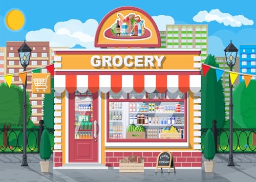 Loccor 5x3ft Fabric Grocery Store Backdrop for Kids Photography Small Cartoon Supermarket Glass Showcase Cityscape Backgro...