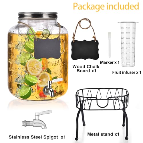 2 Gallon Glass Drink Dispenser with Stand, Drink Dispensers for Parties, Beverage Dispenser with Leakproof Stainless Steel...