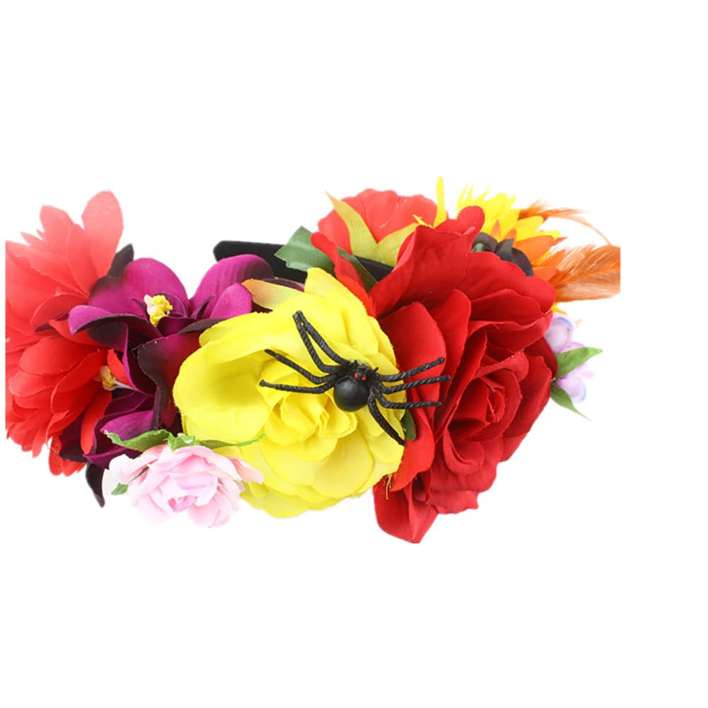 Lofruiin Women's Bohemian Rose Flower Crown Mexican Day of The Dead Headband Halloween Party Costume Headpiece (Red, Free)
