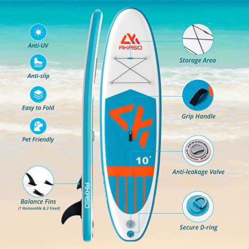 AKASO Inflatable Stand-Up Paddleboard, Yoga SUP with Backpack, Non-Slip Deck, Waterproof Bag, Leash, Floating Paddle and H...