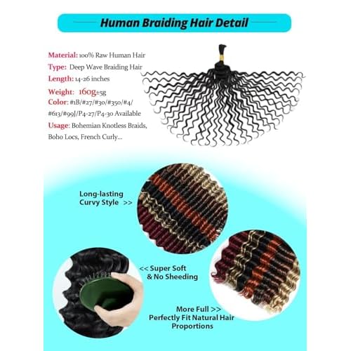 99J Burgundy Red Human Braiding Hair for Boho Braids 5 Bundles 20 Inch 160g 12A Deep Wave Braiding Hair for Bohemian Knotless Braids 100% Unprocessed Brazilian Virgin Bulk Hair Extensions No Weft