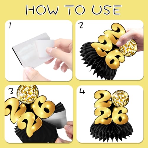 New Year Table Decorations 2026,12pcs Happy New Year Honeycomb Centerpiece Black and Gold New Years Eve Table Centerpiece,...