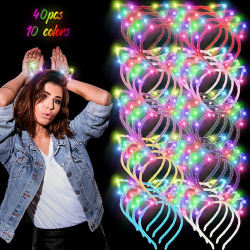 WILLBOND 40 Pcs LED Cat Ears Headband Cute Glow Light up Cat Headband Kitty Ears for Women Lady Festival Birthday Party