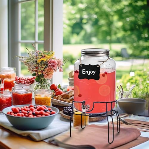 2 Gallon Glass Drink Dispensers for Parties, Sun Tea Glass Jar for Outside Beverage Dispenser with Stand+Lid 2 Press-Spigo...