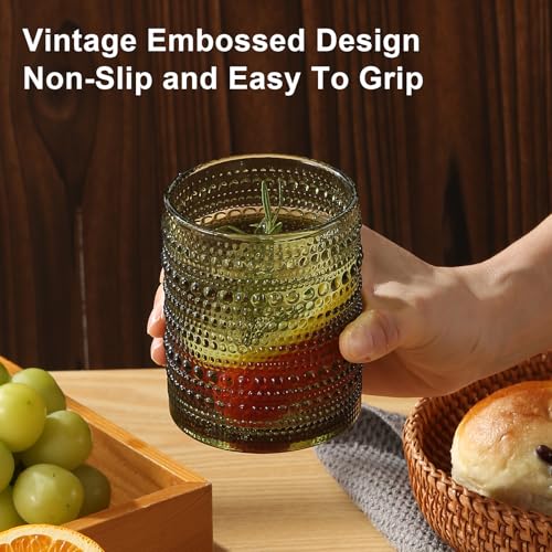 ZMOWIPDL Vintage Hobnail Drinking Glasses Set of 8,Green 12 oz & 15oz Highball Glass Cups, Kitchen Drinkware Glassware,Emb...