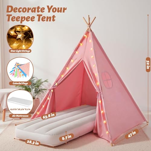Wilwolfer Pink Sleepover Teepee Tent for Kids-2 Pack Tipi Playhouse for Kids with Lights& Flag& Inflatable Airbed -Indoor/...