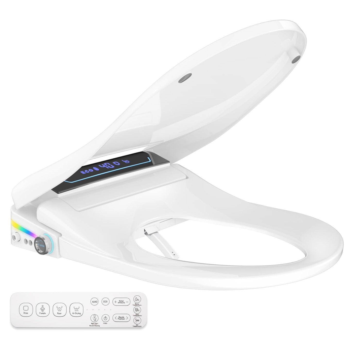Bidet Toilet Seat Elongated, Smart Heated Bidet Toilet Seats with AUTO - Water & Dryer Slow Close Lid, Nozzle for 4 Cleaning Modes, Remote Control - Adjustable Water Pressure & Temp, LED Lighting