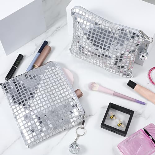 12 Pcs Disco Cosmetic Bags with Zipper Disco Party Favors Silver Glitter Sequin Mirror Makeup Bags for Bachelorette Bridal...
