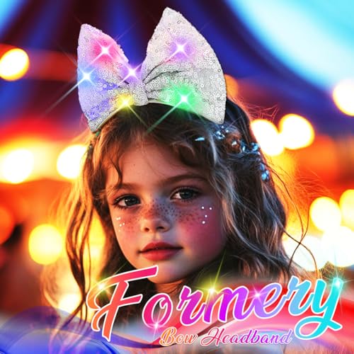 Formery Light Up Bowknot Headband Silver Sequin Bow Hairband Led Glitter Hair Accessories for Women