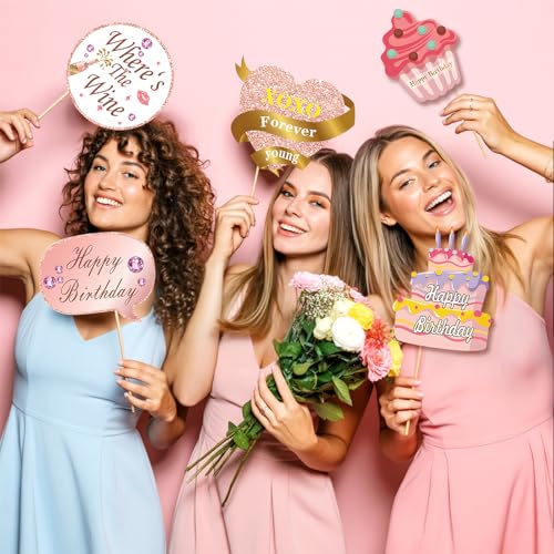 Birthday Decorations, Tumwisk 33PCS Birthday Photo Booth Props, Rose Gold Happy Party Decorations for Women, Glitter Selfi...