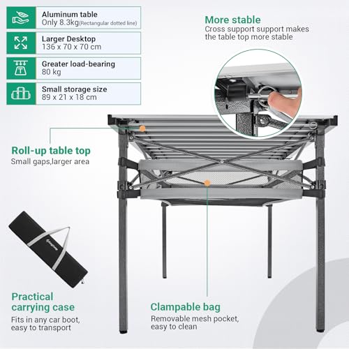 KingCamp Folding Camping Table, Portable Camp Table Foldable Aluminum Roll Up Seamless Desktop with Storage and Tall Legs ...
