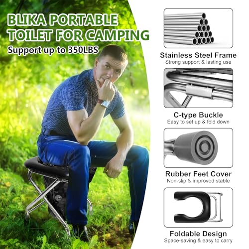 BLIKA Portable Toilet for Camping, 350LBS Stainless Steel Foldable Camp Travel Toilet with Soft Seat for Adults, Portable ...