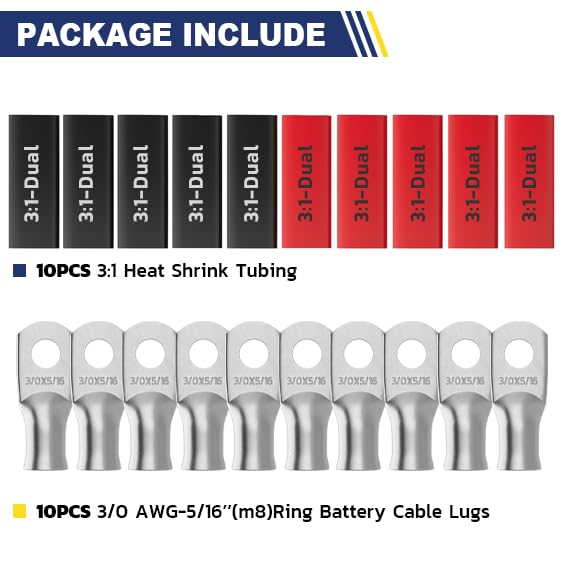 haisstronica 10pcs 3/0 AWG - 5/16"(M8) Tinned Copper Battery Lugs