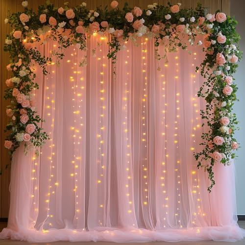 Patioman 10x10ft Pink Tulle Backdrop Curtain with String Lights, Wrinkle-Free Sheer Wedding Backdrop for Birthday Parties,...