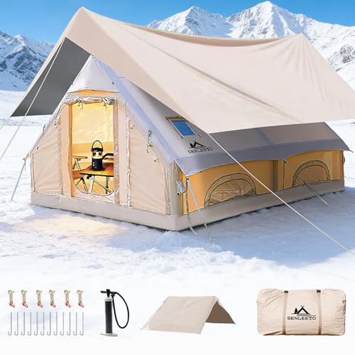 Inflatable Camping Tents 8-10 Person,129 Square Feets Large Inflatable Camping Tent with Stove Jack,Blow up Tent with Mesh...