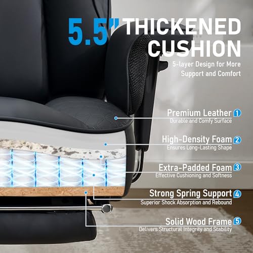 OwgeinSet Big and Tall Office Chair, Ergonomic Leather Reclining Chair with Footrest, High-Back Comfy Executive Computer D...