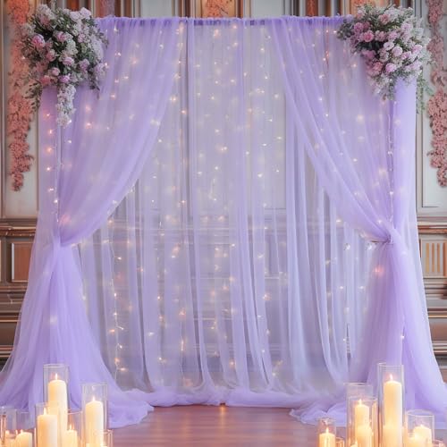10x8ft Purple Tulle Backdrop Curtain with Lights String for Parites, Sheer Backdrop Curtains for Wedding Baby Shower Birth...