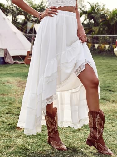 Verdusa Women's Western Boho Lace Ruffle Skirt Asymmetrical Country Cowgirl Skirts